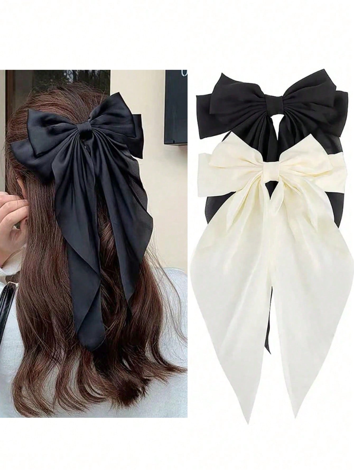 1-2 piezas Clip para el cabello de cinta de satén negro/blanco/rojo sobredimensionado para mujer, accesorio para el cabello elegante y chic para uso diario y a juego con atuendos