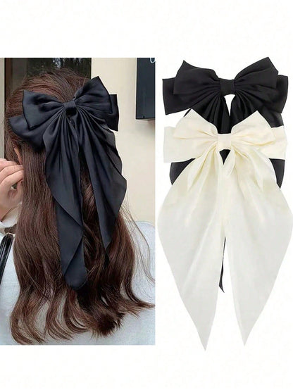 1-2 piezas Clip para el cabello de cinta de satén negro/blanco/rojo sobredimensionado para mujer, accesorio para el cabello elegante y chic para uso diario y a juego con atuendos