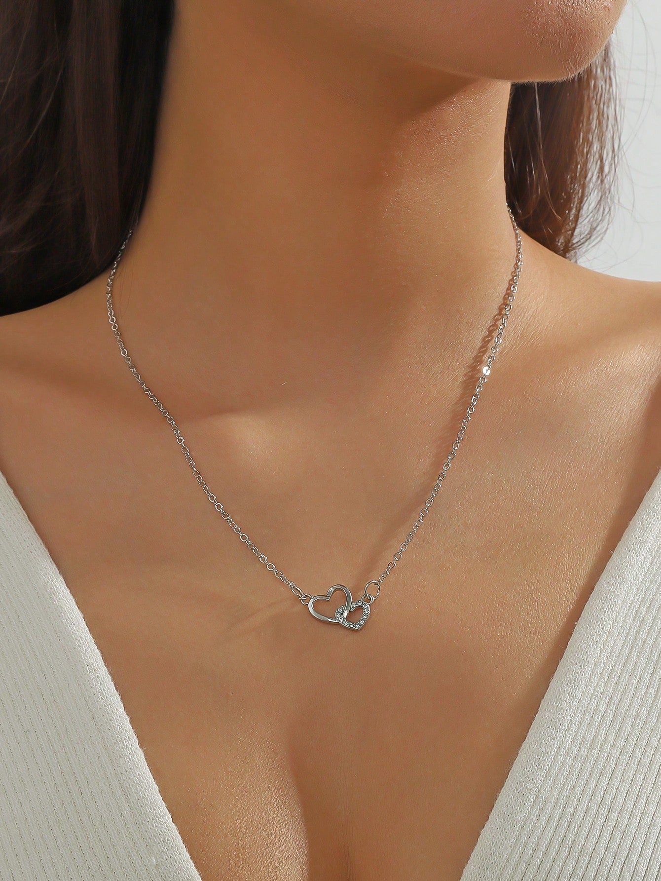 1 Pieza Collar De Colgante De Corazón De Doble Anillo Con Un Diseño Tierno Y Dulce Y Circonias Cúbicas