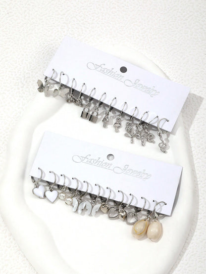 12 Pares De Aretes Con Colgante De Mariposa Y Corazón