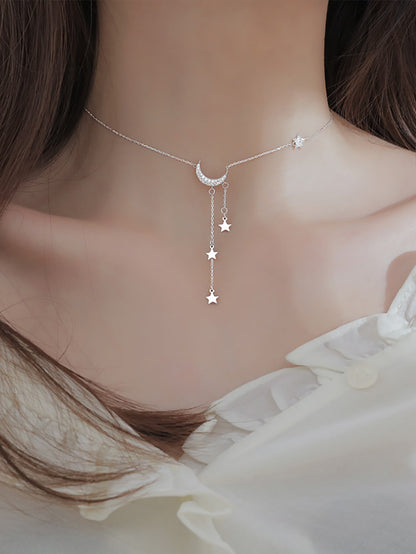 1 pieza exquisito brillante plata color con fleco con estrella luna Collar para mujeres clavícula con cadena Mujer Bisutería regalo de cumpleaños Accesorios