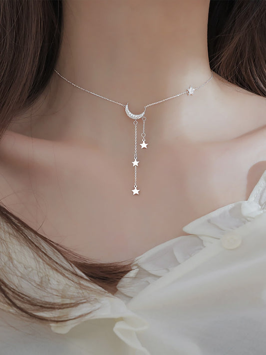 1 pieza exquisito brillante plata color con fleco con estrella luna Collar para mujeres clavícula con cadena Mujer Bisutería regalo de cumpleaños Accesorios