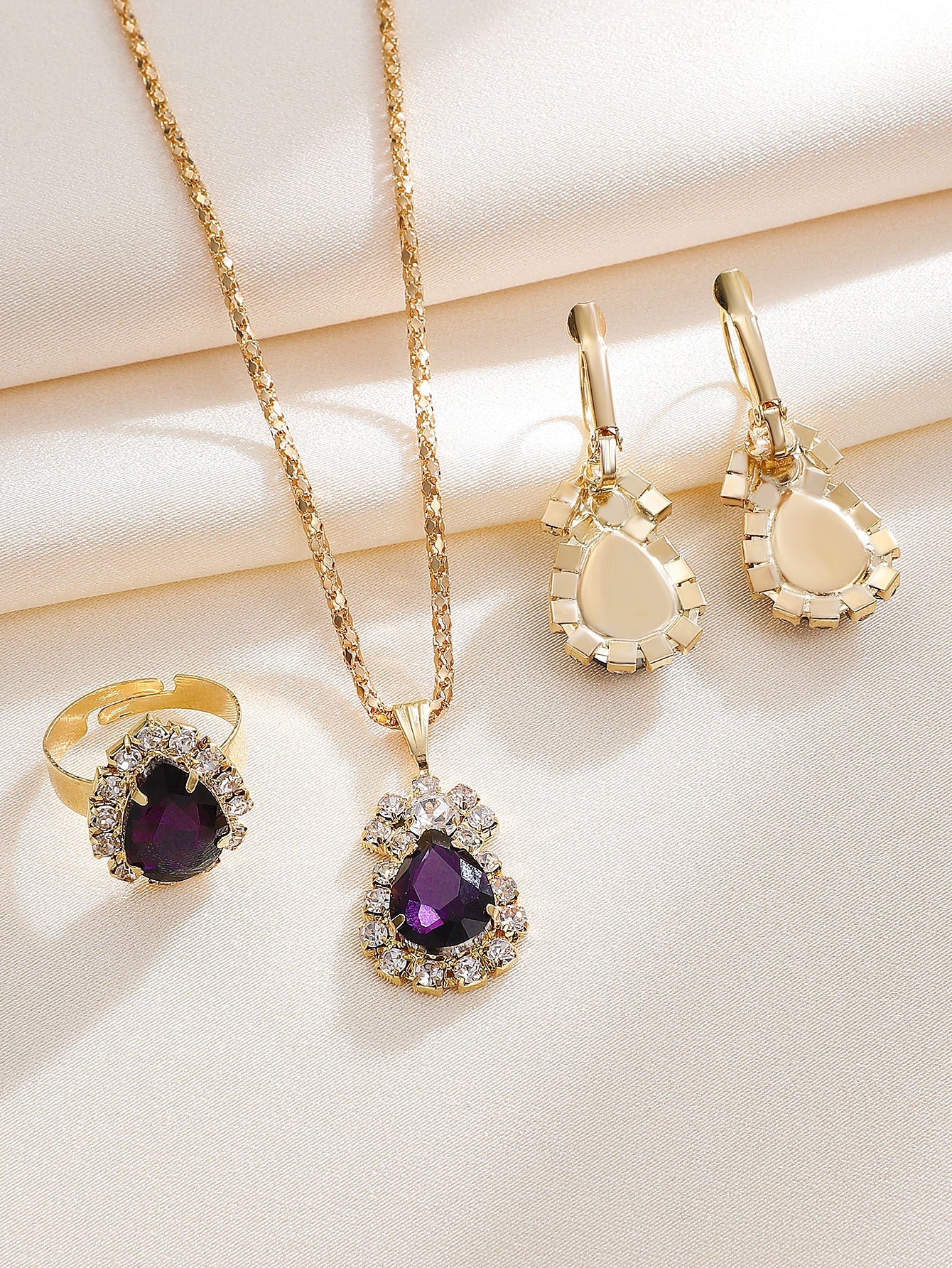 4 piezas/set collar con diseño de gota de agua, pendientes, anillo y pulsera, conjunto de joyería para mujer, fiesta, boda, novia, regalo