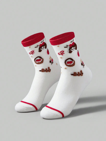 ROMWE Kawaii 4 pares de calcetines de moda con estampado de princesa blanca para mujeres, para todas las estaciones