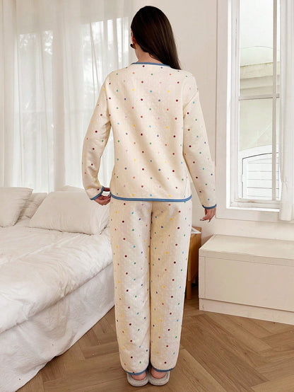 Conjunto de pijama para mujer de top de manga larga y pantalones acolchados con estampado de lunar de colores