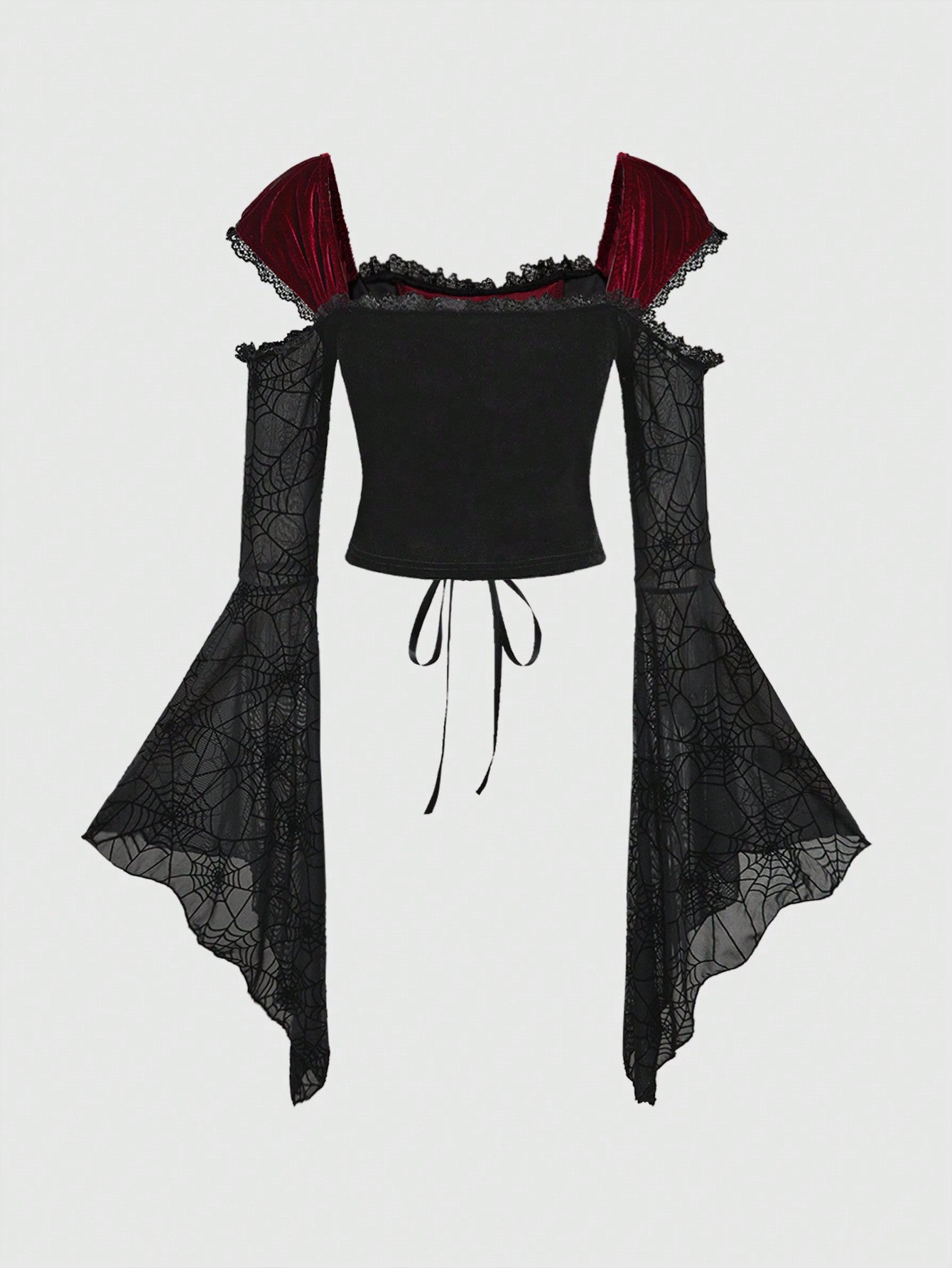 ROMWE Goth Blusa de estilo gótico para mujer con mangas abullonadas, parches de terciopelo y diseño de telaraña