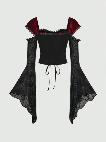 ROMWE Goth Blusa de estilo gótico para mujer con mangas abullonadas, parches de terciopelo y diseño de telaraña