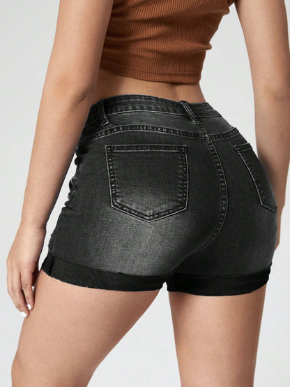SHEIN Essnce Pantalones Cortos Rasgados De Mezclilla Slim Fit