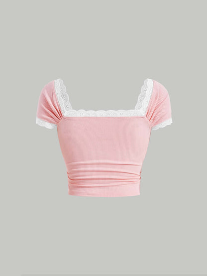 SHEIN MOD Camiseta con encaje en contraste con lazo delantero