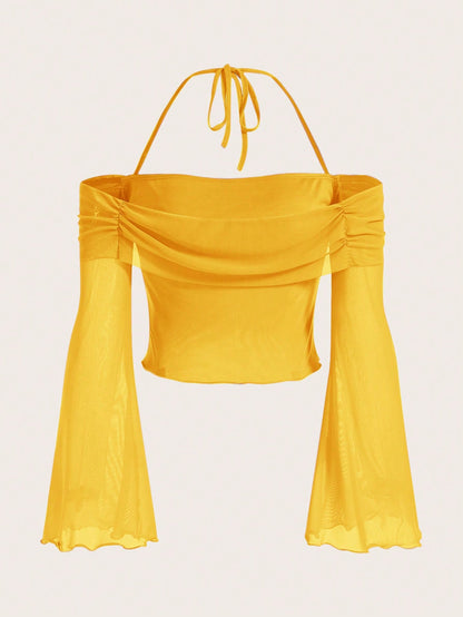 SHEIN ICON Top corto de primavera con cuello halter, manga de volante con ribete de lechuga y mujer top de tirantes y camisetas - 1779