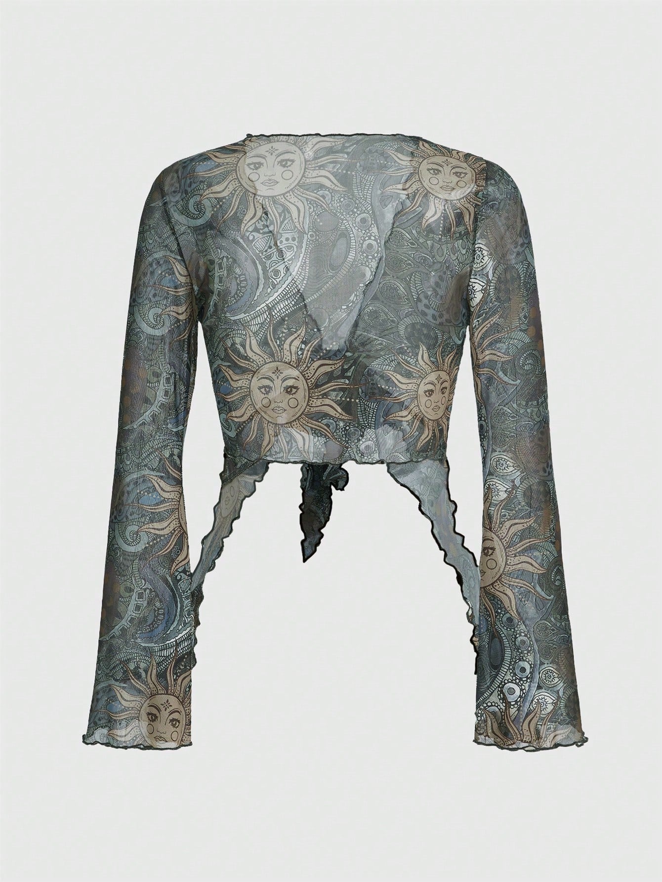 ROMWE PUNK Top con estampado de sol y luna con cordón delantero ribete en forma de lechuga de malla