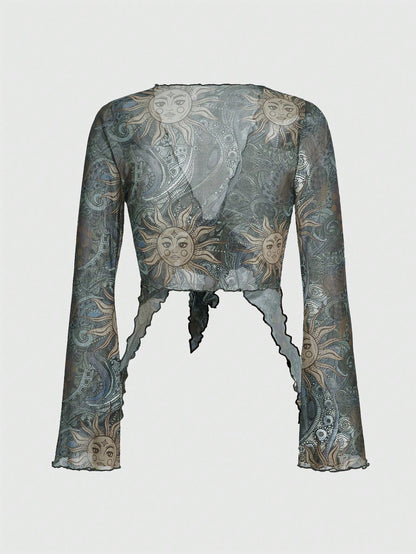 ROMWE PUNK Top con estampado de sol y luna con cordón delantero ribete en forma de lechuga de malla