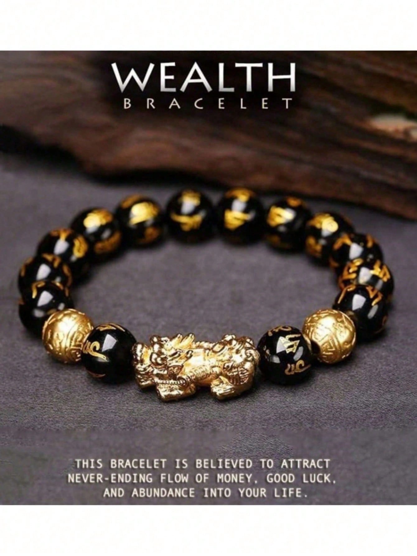 1 pieza Pulsera con dije de Pixiu de piedra de obsidiana exquisita - Atrae riqueza y buena fortuna, amuleto de la suerte negro unisex - Regalo perfecto para el Día del Padre, ella o él, Navidad, Acción de Gracias, Año Nuevo y vacaciones