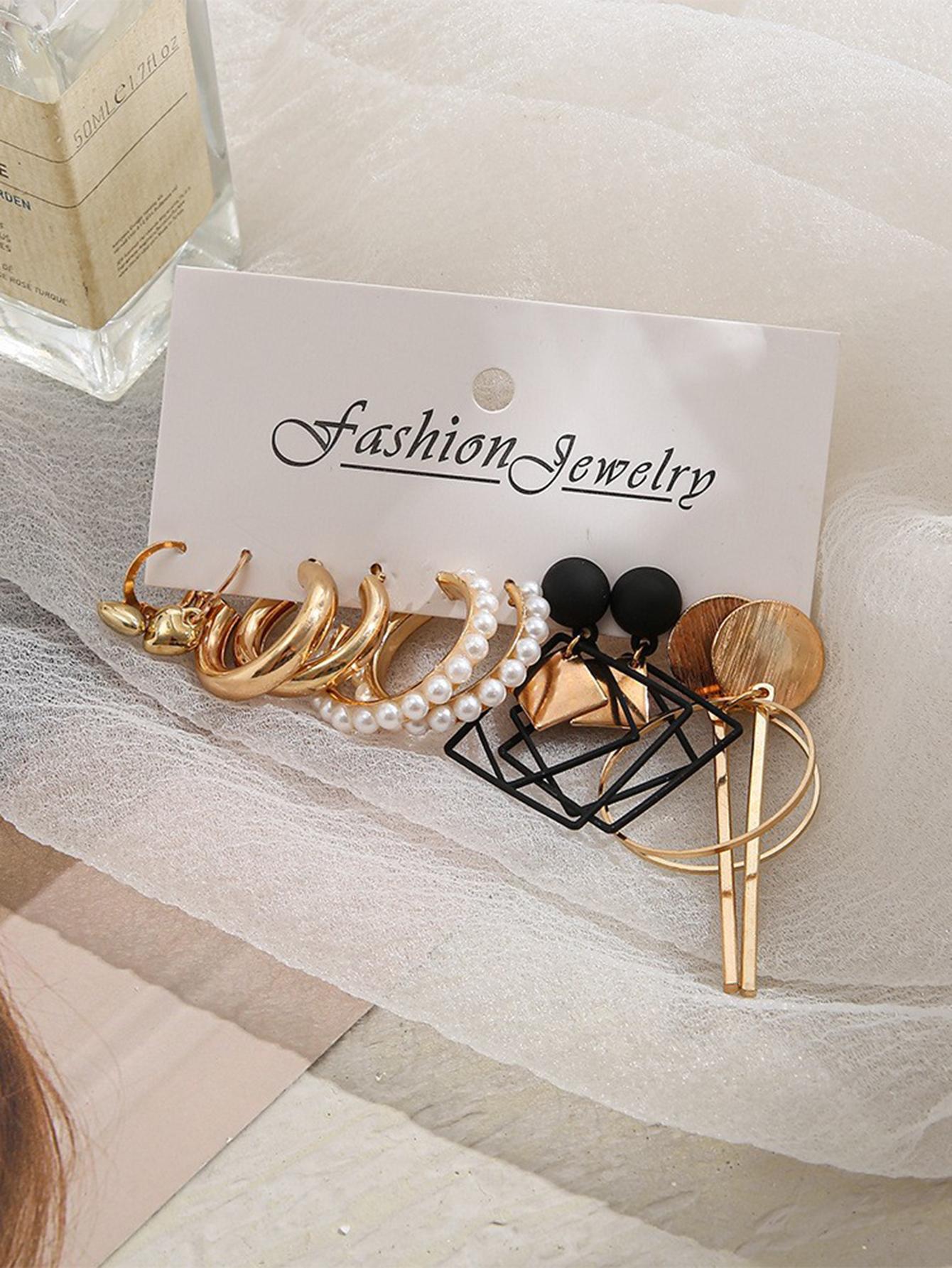 5 Pares/set Aretes Con Decoración De Corazón Y Perla Artificial Al Azar