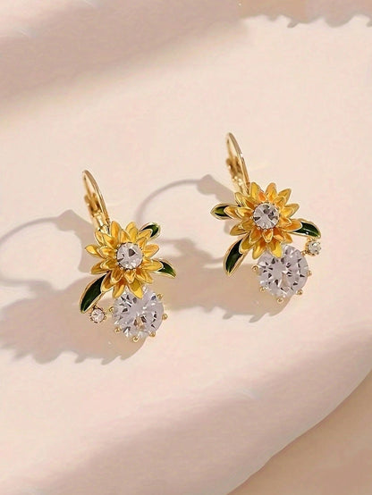 1 par de pendientes con colgante de cristal con diseño de girasol y gota de agua para mujeres