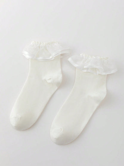 ROMWE Kawaii Calcetines de tubo con volantes de tejido de red de unicolor, casuales y dulces, para mujeres