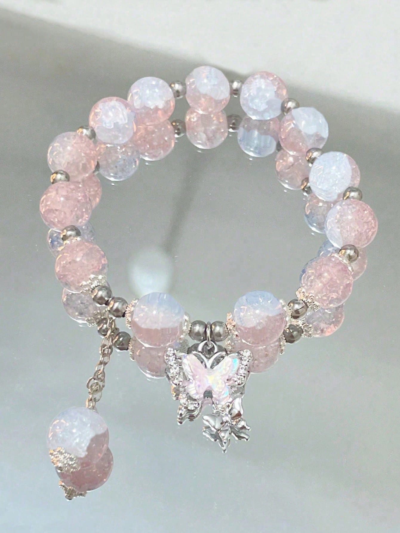 2 piezas Pulsera de cristal con mariposa, pulsera con cuentas de colores agrietadas dulces, regalo perfecto para amigas, hermanas, mejores amigas