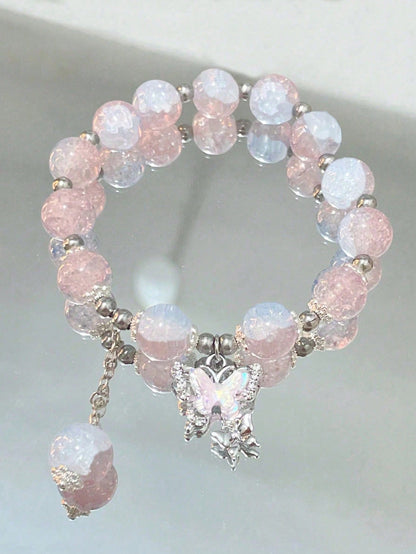 2 piezas Pulsera de cristal con mariposa, pulsera con cuentas de colores agrietadas dulces, regalo perfecto para amigas, hermanas, mejores amigas