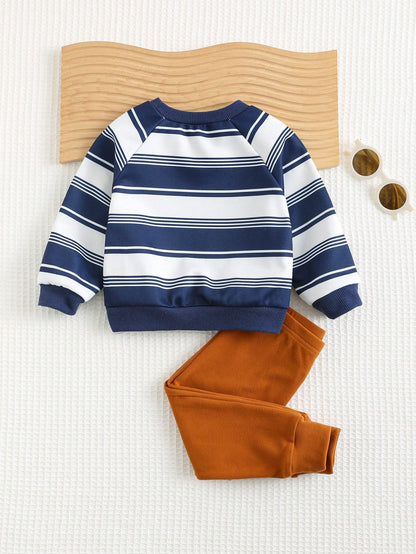 Cozy Pixies 2 piezas Conjunto de parte superior de manga larga de cuello redondo a rayas y pantalón con puños elásticos para bebé niño, ropa para bebé niño