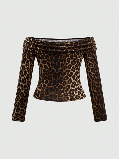 ROMWE Hippie Camiseta de manga descubierta sexy con estampado de leopardo vintage para mujer de talla grande