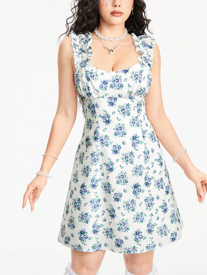 ROMWE Kawaii Vestido de verano para mujer con estampado floral, tirantes gruesos, zona del pecho fruncida y sin mangas