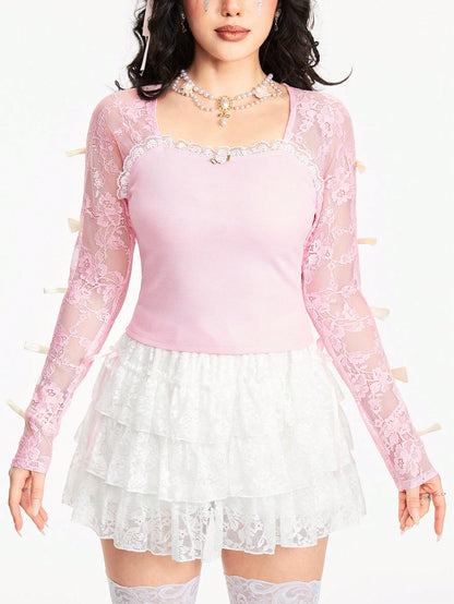 ROMWE Kawaii Camiseta de mujer de cuello cuadrado con parche de encaje, decoración de lazo y mangas largas, de unicolor