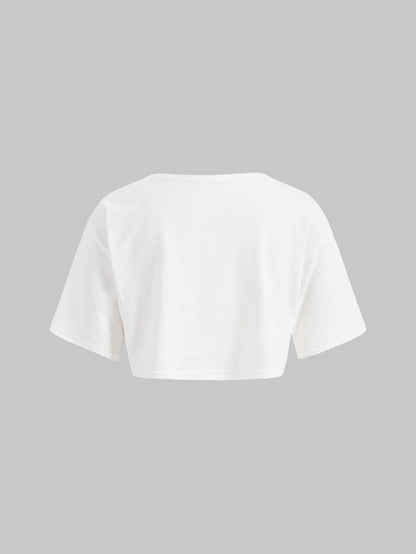 ROMWE Grunge Punk Camiseta Casual Blanca De Mujer De Estilo Urbano Con Retrato A Mano Alzada, Textura De Película Y Impresión De Letras