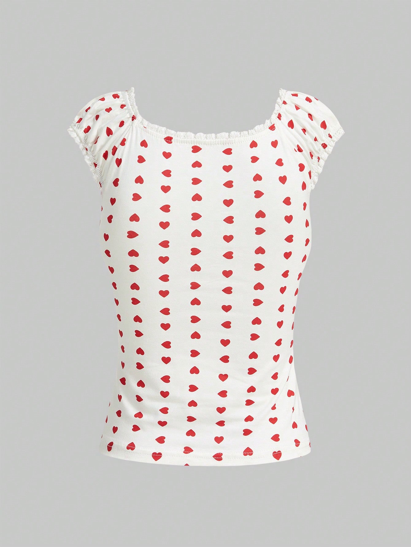 ROMWE Kawaii Camiseta Con Estampado De Corazón Y Ribete De Encaje