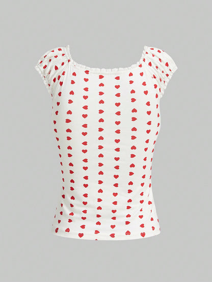 ROMWE Kawaii Camiseta Con Estampado De Corazón Y Ribete De Encaje