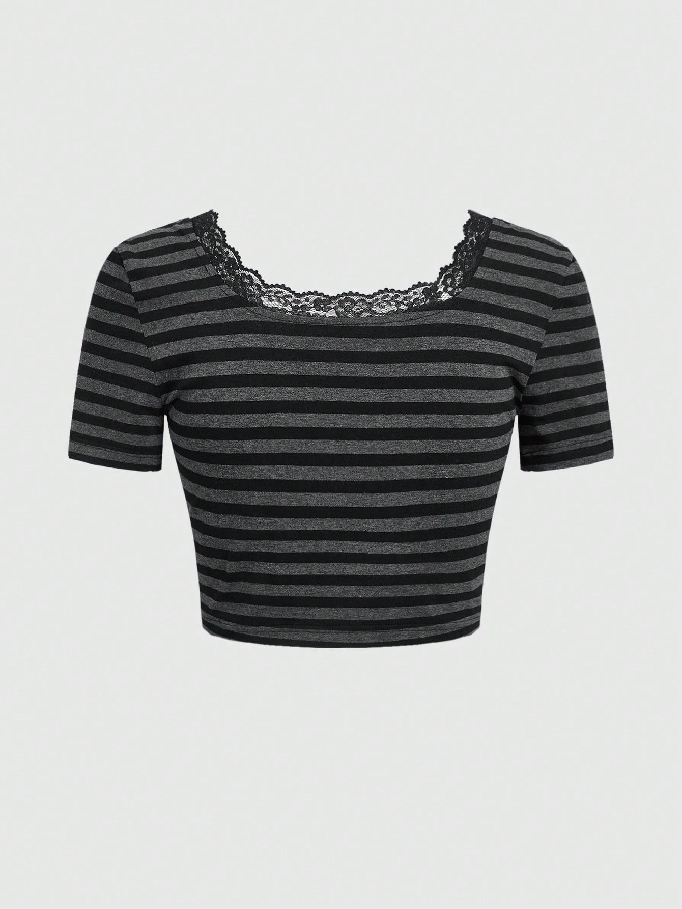 ROMWE Playera Corta De Tirantes De Rayas Con Borde De Encaje Para Mujer