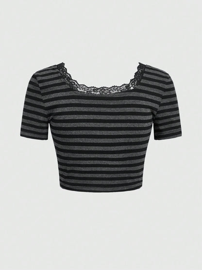 ROMWE Playera Corta De Tirantes De Rayas Con Borde De Encaje Para Mujer