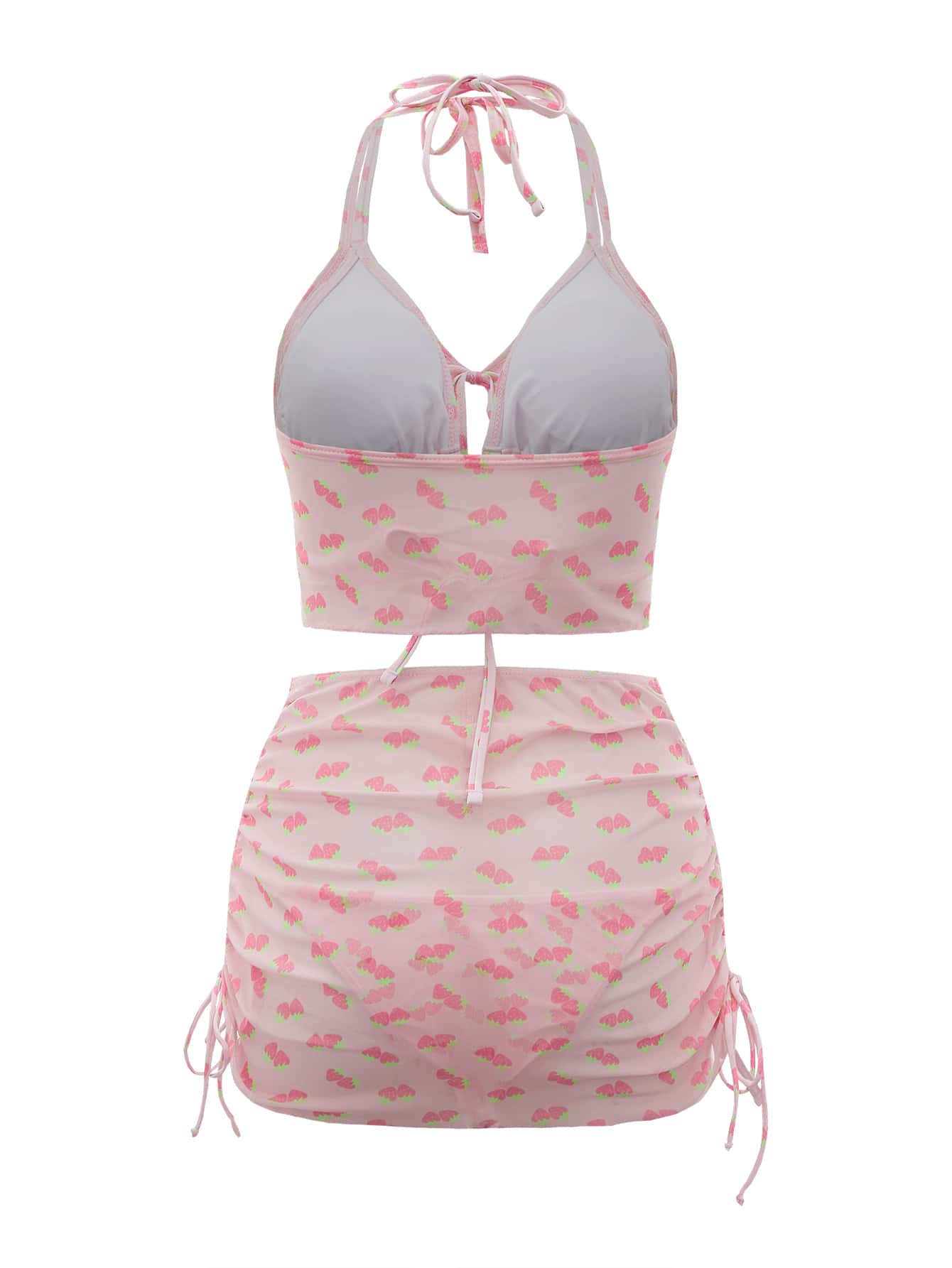 ROMWE Kawaii Conjunto de 4 paquetes de bikini con estampado de fresa con parte superior halter y lazos laterales y cubierta a juego
