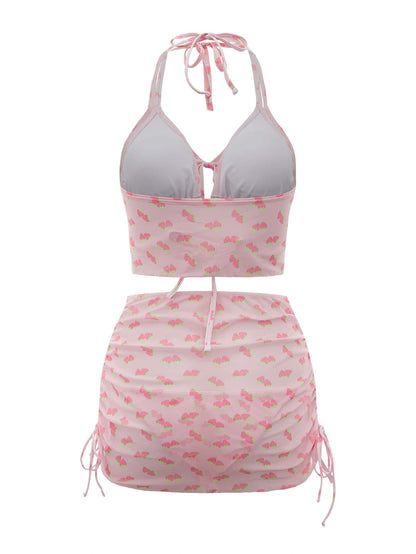 ROMWE Kawaii Conjunto de 4 paquetes de bikini con estampado de fresa con parte superior halter y lazos laterales y cubierta a juego