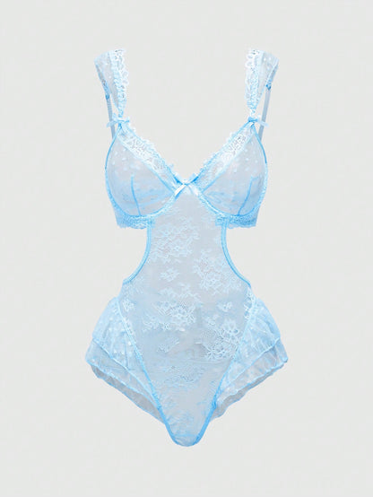 ROMWE Goth Lencería body sensual con decoración de lazo y encaje, calado
