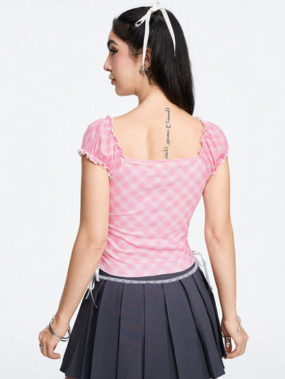 ROMWE Kawaii Camisa elegante de dama a cuadros rosa con manga abullonada, lazo de corbata en la cintura, fruncido en los lados y escote cuadrado bajo