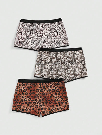 ROMWE Set de 3 piezas de bragas sin costuras de punto con estampado de leopardo para mujeres