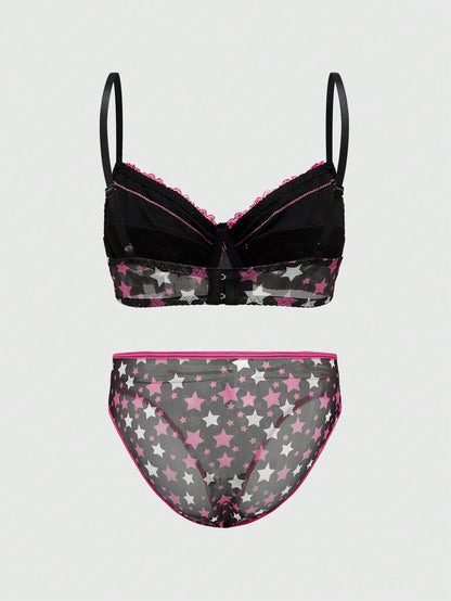 ROMWE J-Fashion Conjunto sexy de lencería Shibuya Gal con estrellas de cinco puntas y detalles de encaje y malla
