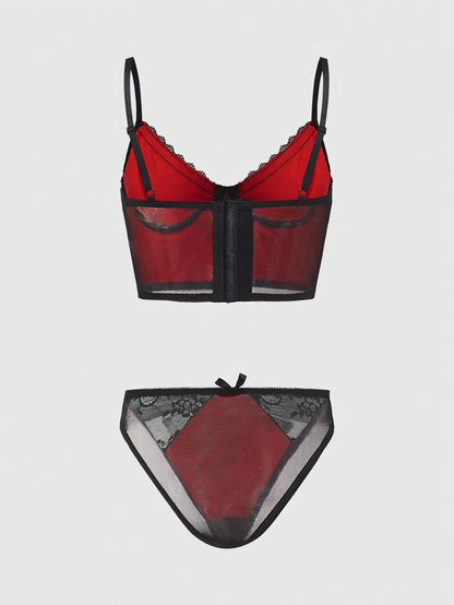 ROMWE Goth Sujetador Con Aros Para Mujer, Conjunto De Lencería Con Diseño De Rosa Impresa Y Encajes
