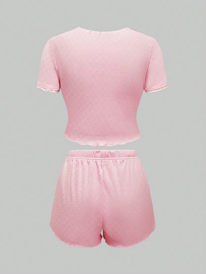 ROMWE Kawaii Conjunto de pijama de mujer con encaje de punto hueco y lazo romántico y encantador en forma de corazón