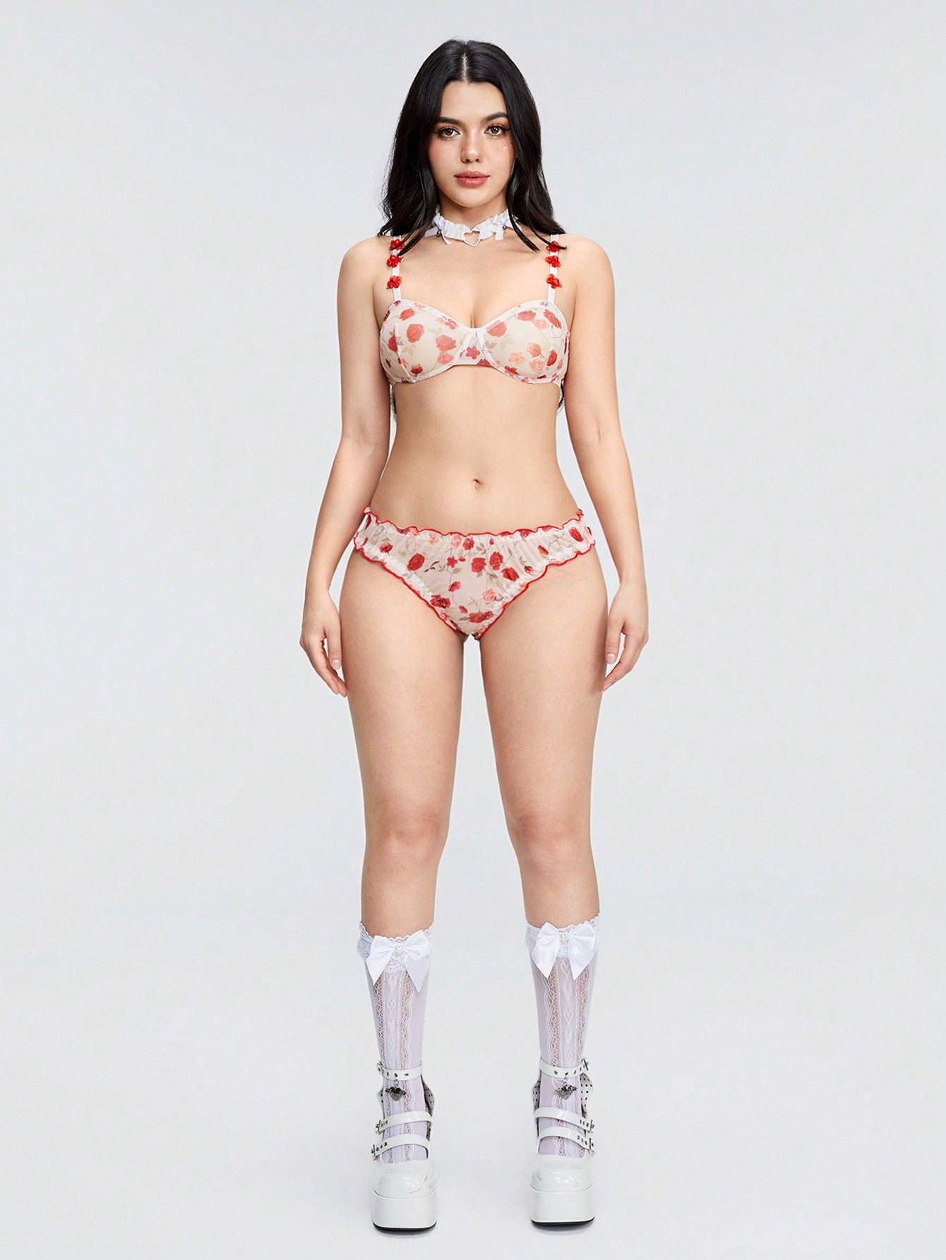 ROMWE Kawaii Conjunto De Ropa Interior De 2 Piezas Con Estampado Floral Decorado Con Rosas Transparente Y Sexy