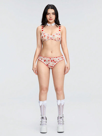 ROMWE Kawaii Conjunto De Ropa Interior De 2 Piezas Con Estampado Floral Decorado Con Rosas Transparente Y Sexy