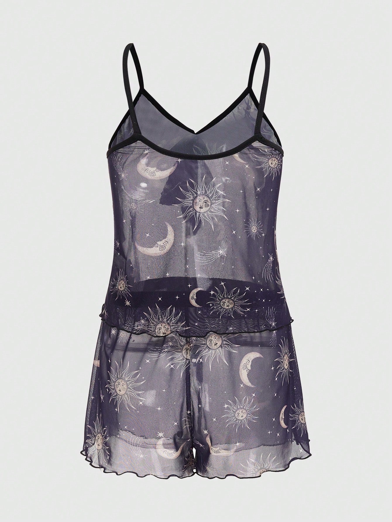ROMWE Goth Conjunto De Pijama De Top Sin Mangas Y Shorts Con Impresión De Dígitos En La Malla Translúcida Para Mujer Y Lazo En La Parte Delantera