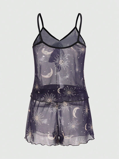 ROMWE Goth Conjunto De Pijama De Top Sin Mangas Y Shorts Con Impresión De Dígitos En La Malla Translúcida Para Mujer Y Lazo En La Parte Delantera