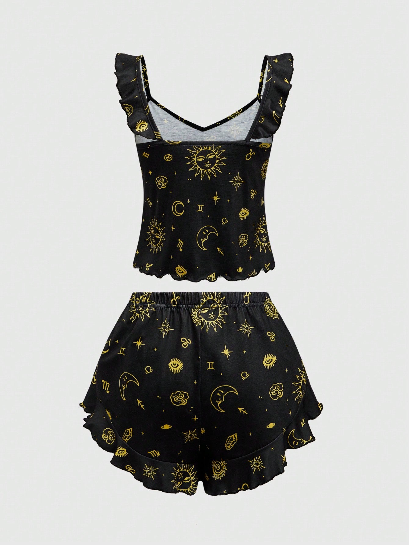 ROMWE Hippie Conjunto de pijama informal con estampado de estrellas de día y noche y dobladillo con volantes