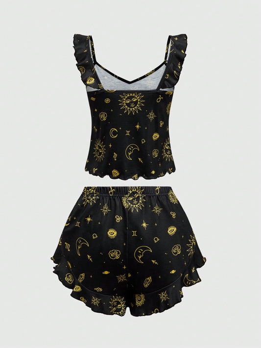 ROMWE Hippie Conjunto de pijama informal con estampado de estrellas de día y noche y dobladillo con volantes