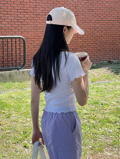 DAZY Camiseta corta casual de manga corta y tela texturizada para mujer