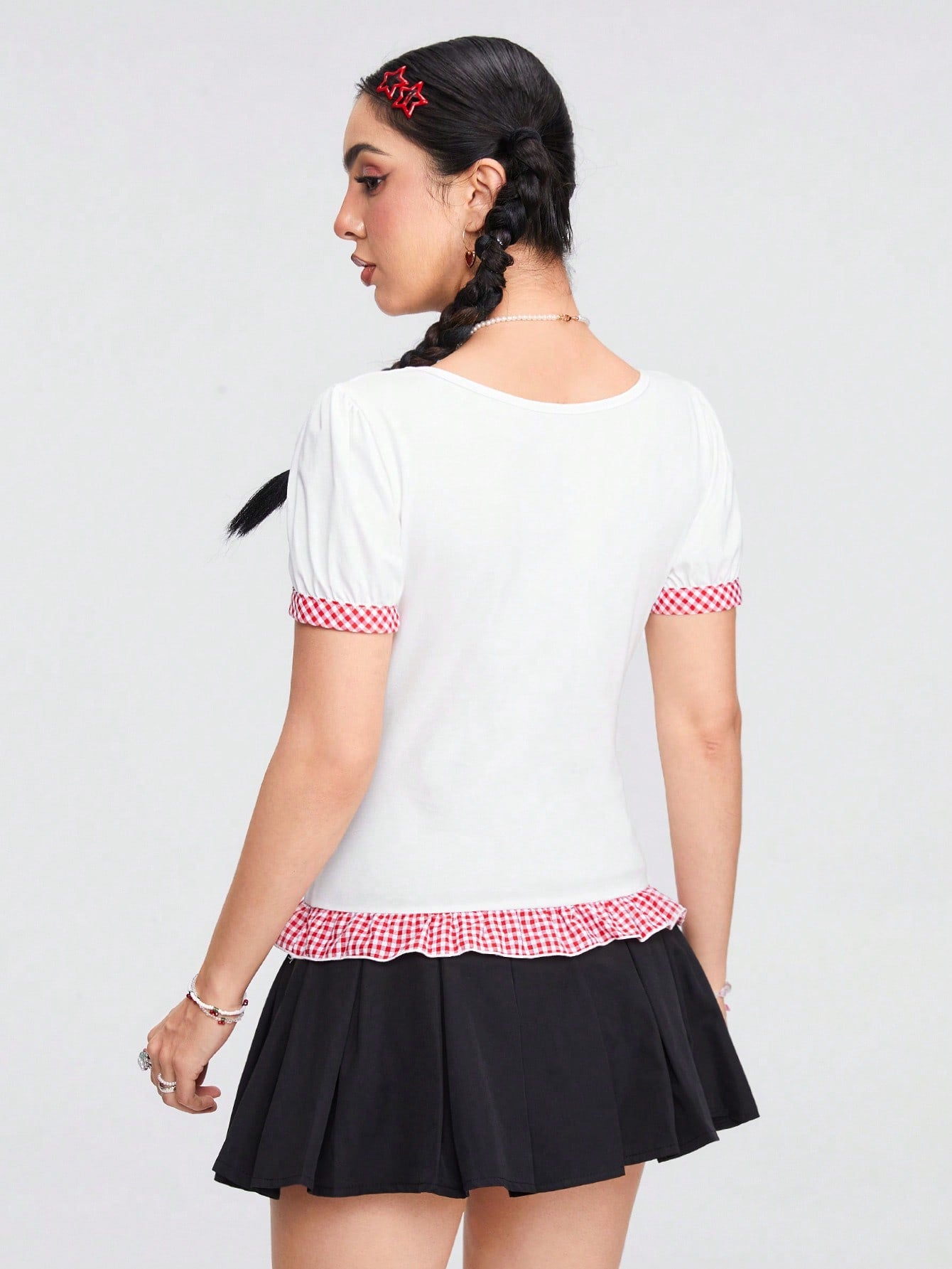 ROMWE Kawaii Camiseta de diseño a cuadros rojos y blancos de moda para mujeres en verano