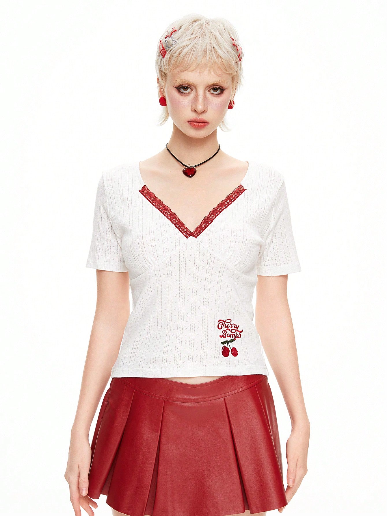 ROMWE Kawaii Camiseta de manga corta con cuello de encaje bordado con flores de cerezo para mujeres, escolar