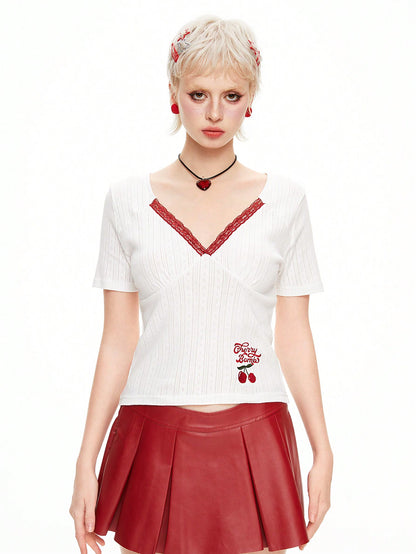ROMWE Kawaii Camiseta de manga corta con cuello de encaje bordado con flores de cerezo para mujeres, escolar