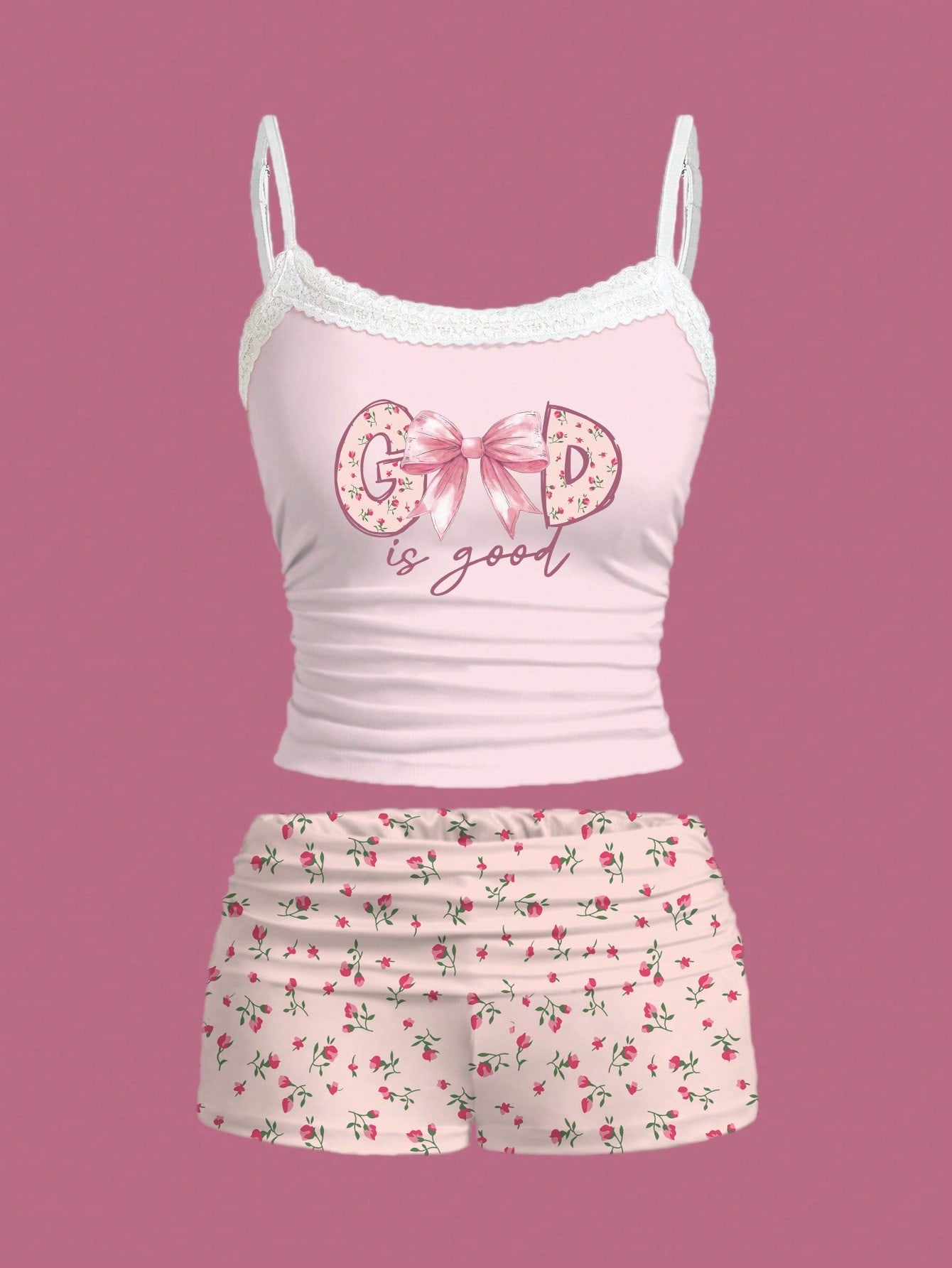 SHEIN EZwear Conjunto de 2 piezas de top de encaje con estampado floral "Dios es bueno" y shorts fruncidos para mujer, adecuado para el verano